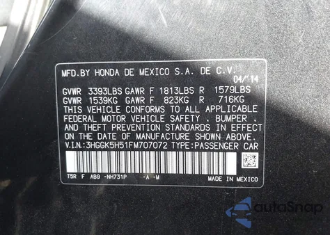 2015 Honda Fit Lx z USA, uszkodzony, nr VIN 3HGGK5H51FM707072